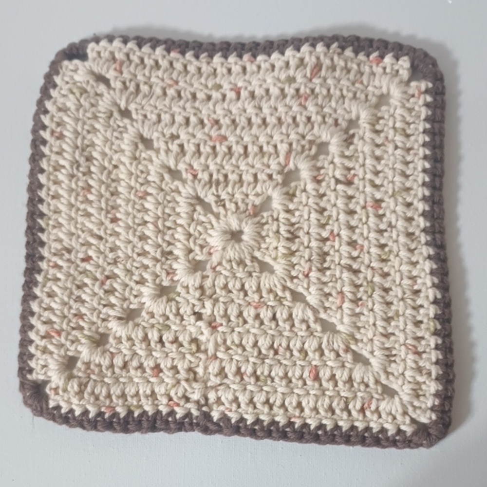 Handmade Crocheted Square in Cream with Brown Trim